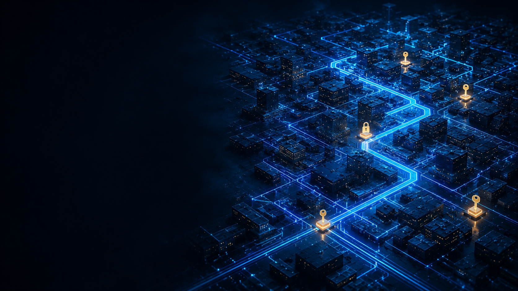 AlgoCity: a night city-grid with a single illuminated, locked-down connectivity route